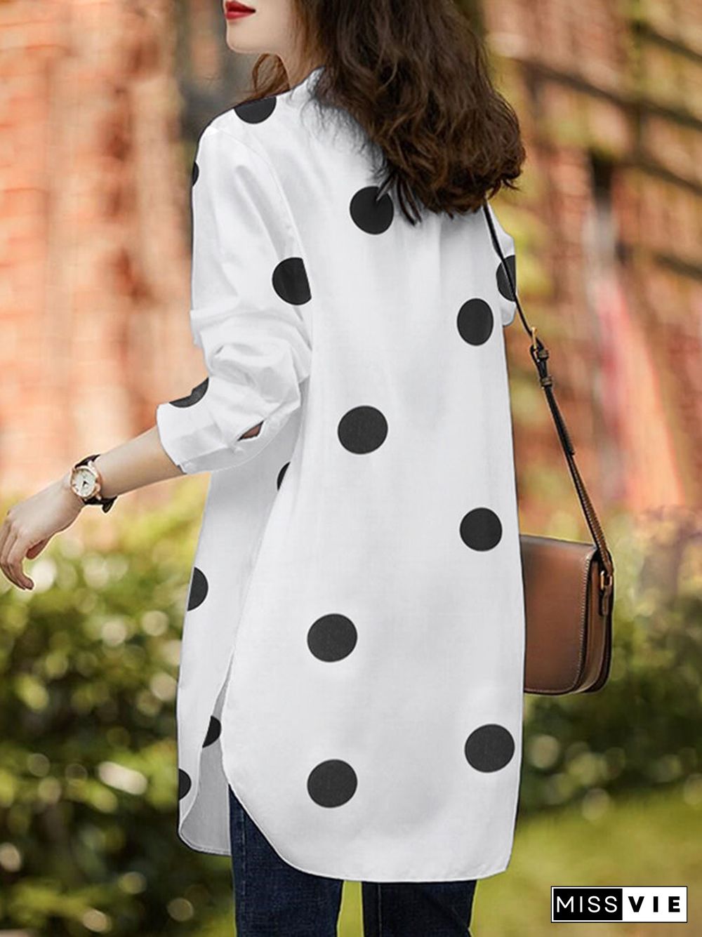 Polka Dot Button Split Long Sleeve Stand Collar Casual Shirt