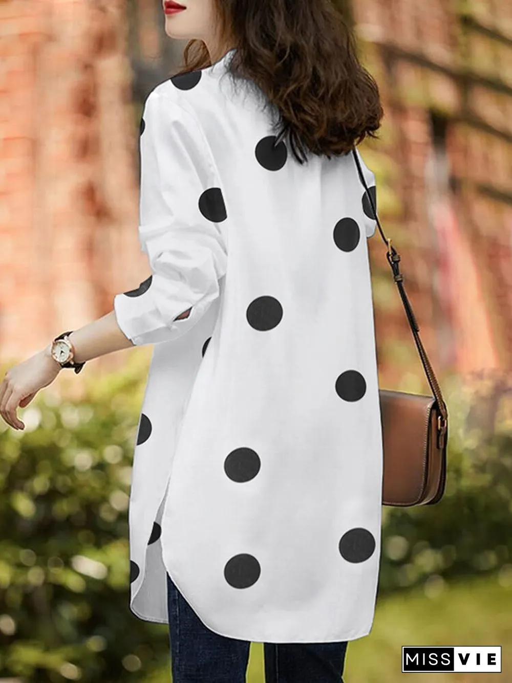 Polka Dot Button Split Long Sleeve Stand Collar Casual Shirt