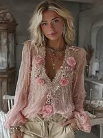 Women's Pink Rose Embroidered Linen Blend V Neck T-shirt