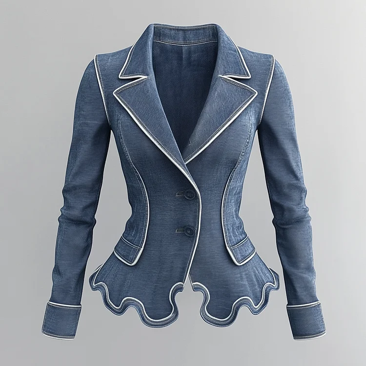 Ursime Lapel Collar Button Contrast Binding Wavy Hem Denim Jacket