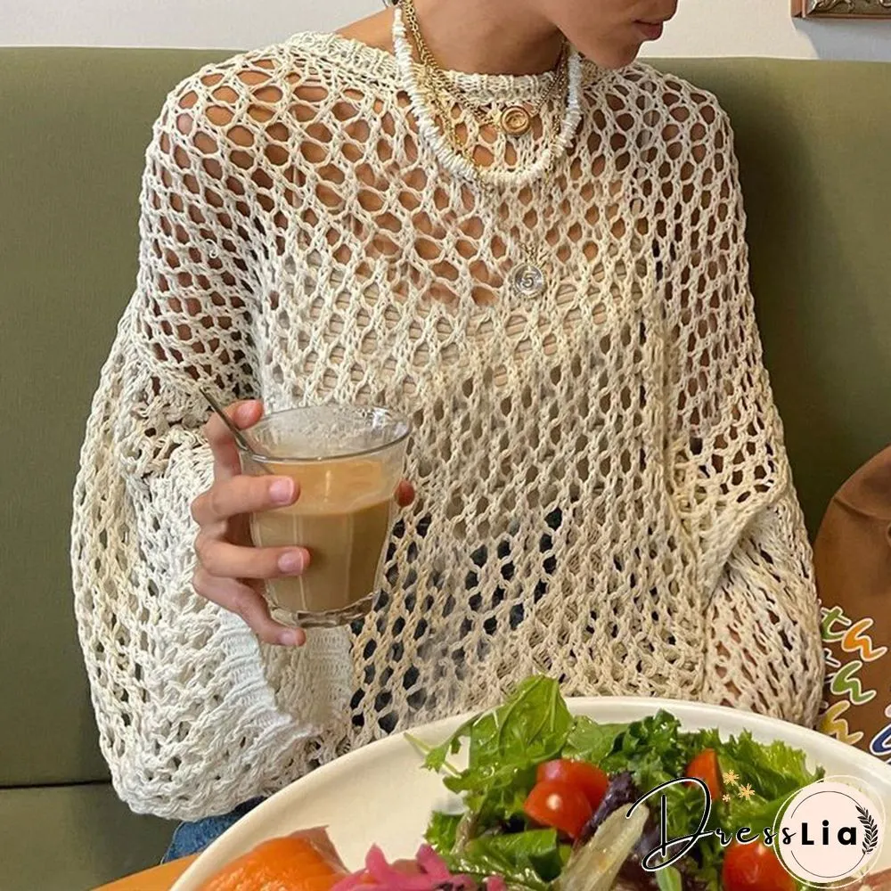 Solid Long Sleeve Hollow Out Sweater