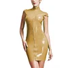 High Neck Wetlook Bodycon Mini Dress Women Short Sleeve Turtleneck Slim PVC Dress Ladies Full Zipper Dress Plus Size Clubwear