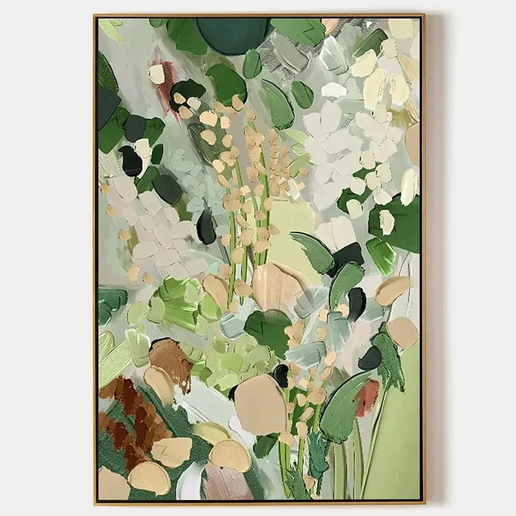WHISPERING MEADOW: Textured Abstract Floral Painting in Green and Gold（Canvas painting）