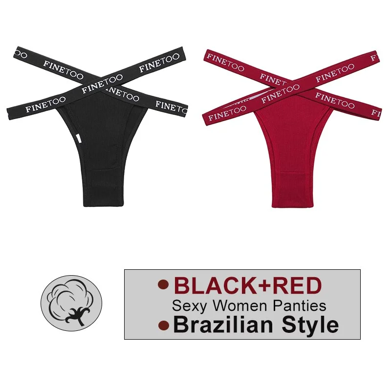 FINETOO 2PCS/Set Women's Cotton Letter Panties Hollow Out Brazilian Pantys Fashion Thong Femme Cross Strap Sexy Woman Underwear