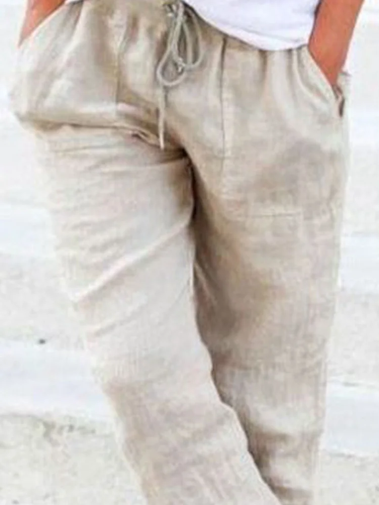 Solid Drawstring Casual Linen Pants Women Trousers