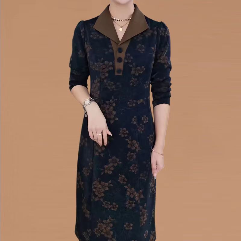 Autumn Winter Women's Turndown Collar New Button Fashion Fake Two Piece Waist Long Sleeved Slimming Printing Pullover Dresses