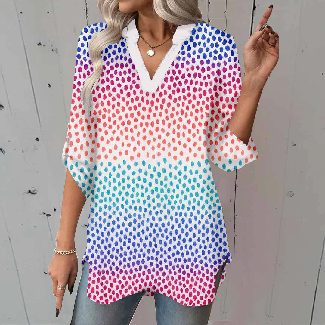 Women Polka-Dot,Red,Purple DZGA0316 3/4 Sleeve V-neck Printed Graphic Button Tops