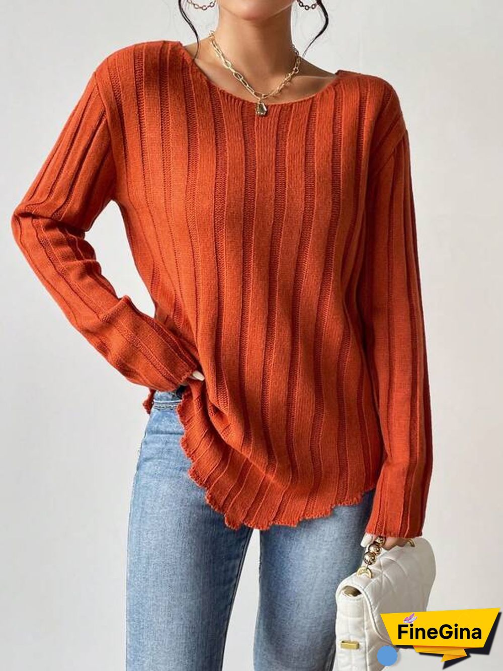 Orange Plain Long Sleeve Sweater