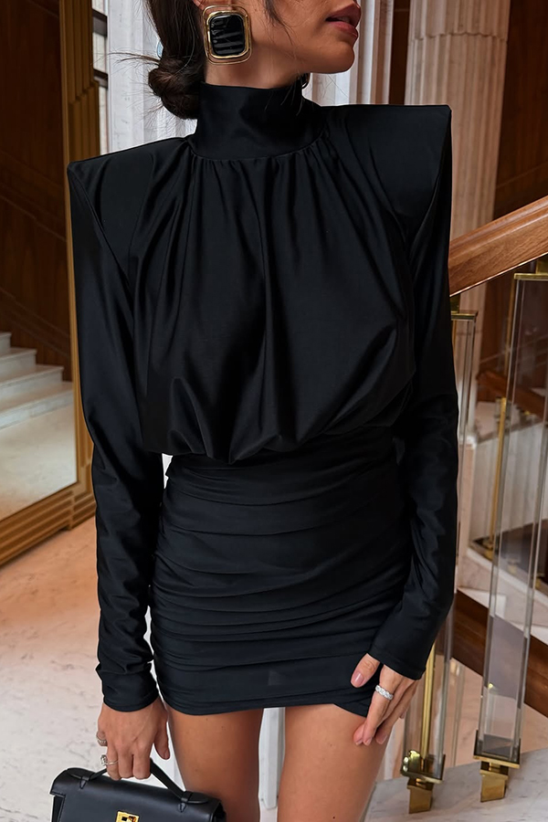 Stylish High-Neck Long-Sleeved Slim-Fit Pleated Mini Dress