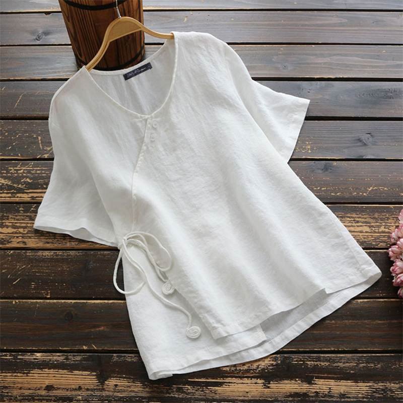 Summer Plus Size Women's Cotton Solid Color Short Blouse