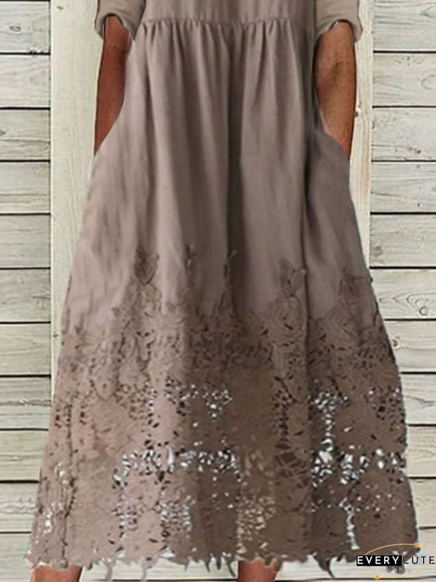 Cotton Linen Dress Casual Midi Blend Modern Daily Vacation Crew Neck Lace Ruched Half