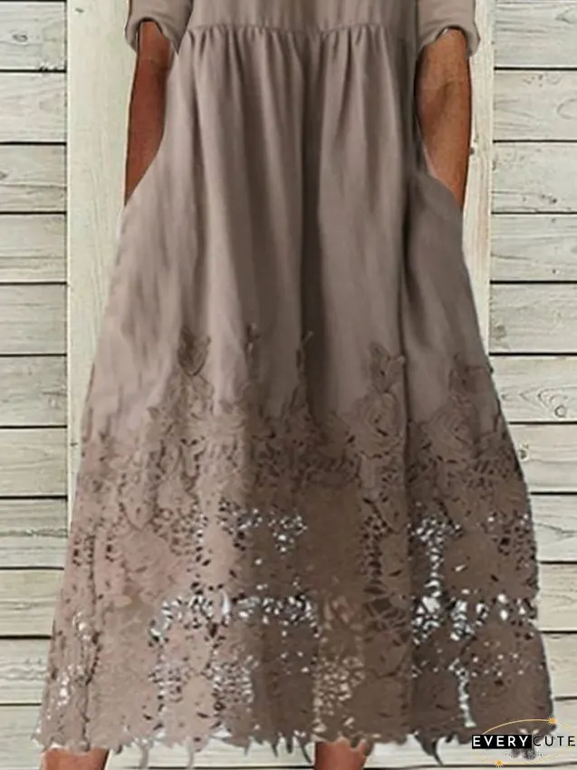 Cotton Linen Dress Casual Midi Blend Modern Daily Vacation Crew Neck Lace Ruched Half