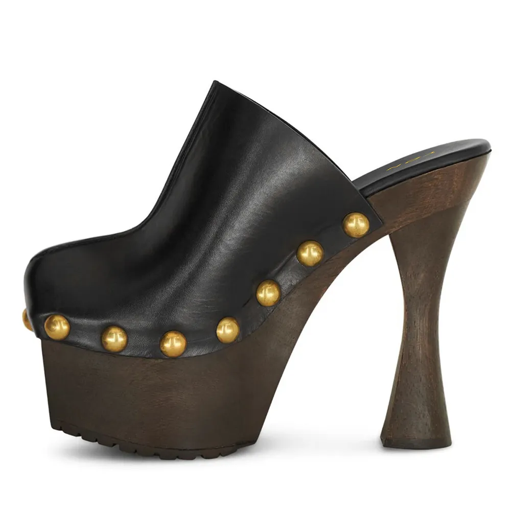 Women's Classic Black Round Toe Studded Platform Mule Heels