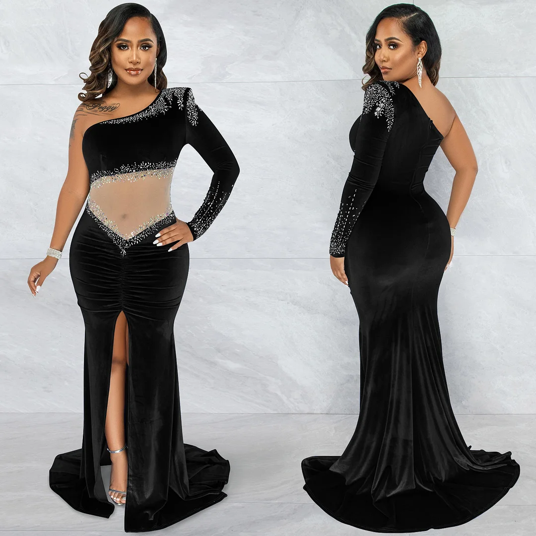 Churchf Churchf Royal Velvet Hot Diamond Mesh See-Through Pleated Collar One-Shoulder Slit Dress