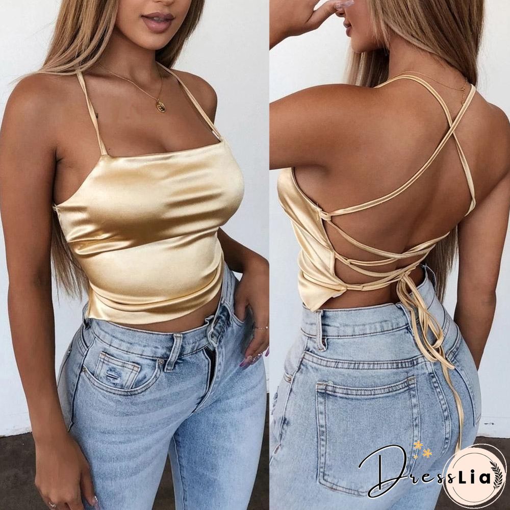 High Quality New Fashion Women Sexy Style Satin Silk Backless Back Bandage Vest Blouse Tops Strappy Summer Beach Cami Tank
