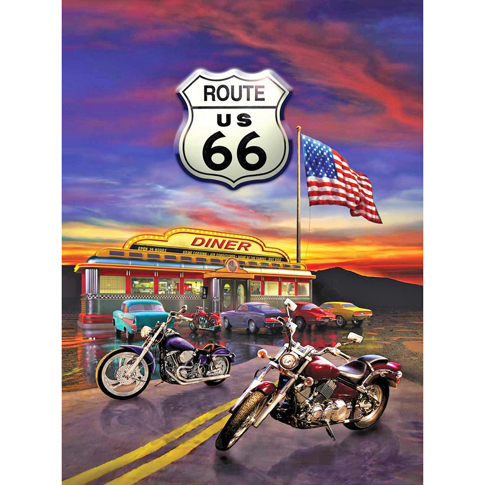 

40*50CM - US 66 Motorcycle - Round Drill Diamond Painting, 501 Original