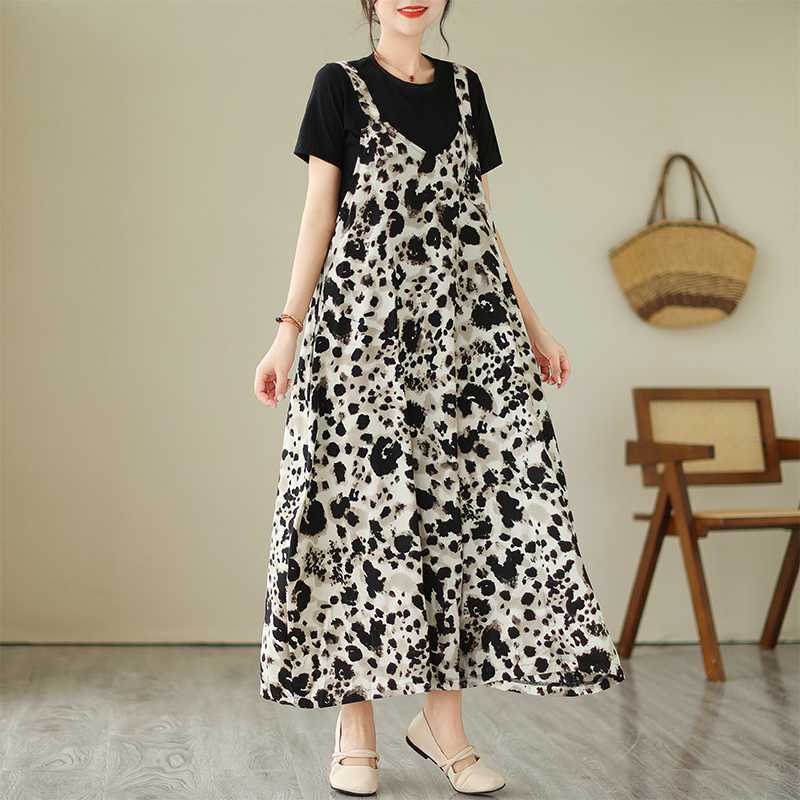 Loose Printed Suspenders Wide Leg Jumpsuit