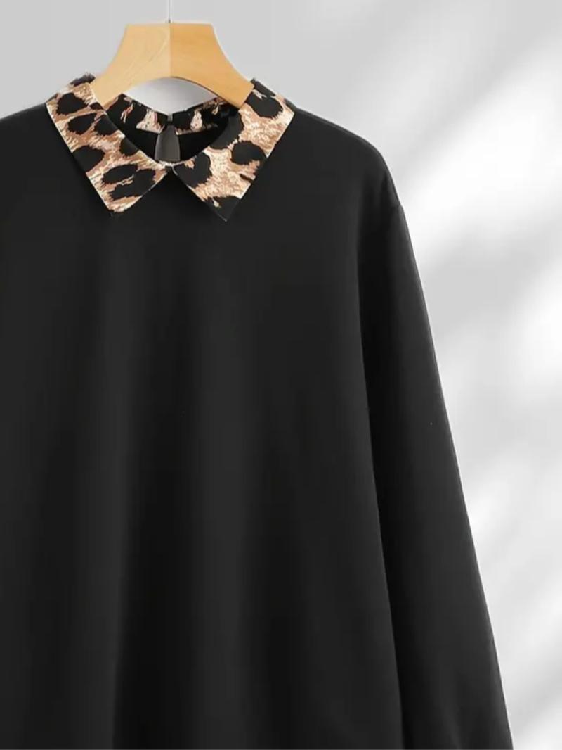 【Plus Size】 Leopard Print Curved Hem Pullover Sweatshirt, Casual Long Sleeve Sweatshirt for Fall & Winter, Women's Clothing for Daily Wear 【Plus Size】 Leopard Print Curved Hem Pullover Sweatshirt, Casual Long Sleeve Sweatshirt for Fall & Winter, Women's Clothing for Daily Wear