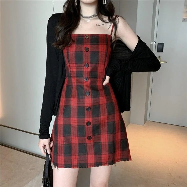 GRUNGE SPAGHETTI STRAP PLAID MINI DRESS