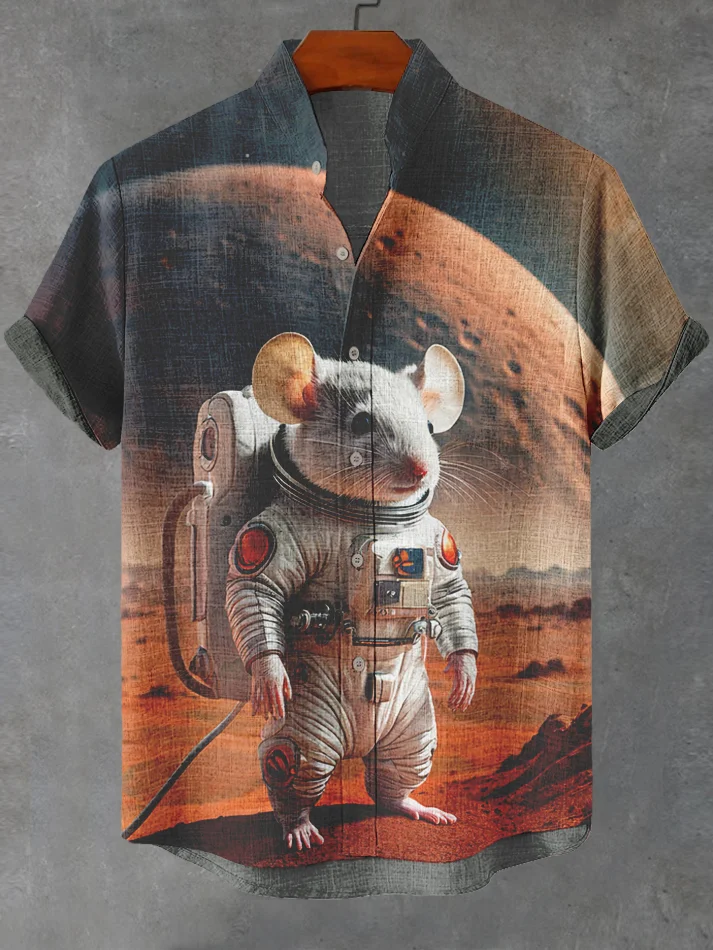 Men's Astronaut Mouse Landing Print Casual Shirt