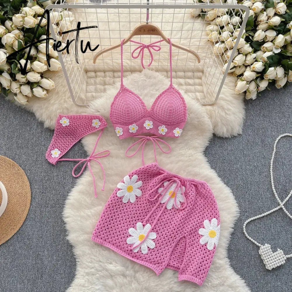 Aiertu Korean Hollow Out Knitted Suits Women Halter Lace Up Bow Backless Tank Top+Drawstring Split Mini Skirt Two Pieces Sets Aiertu