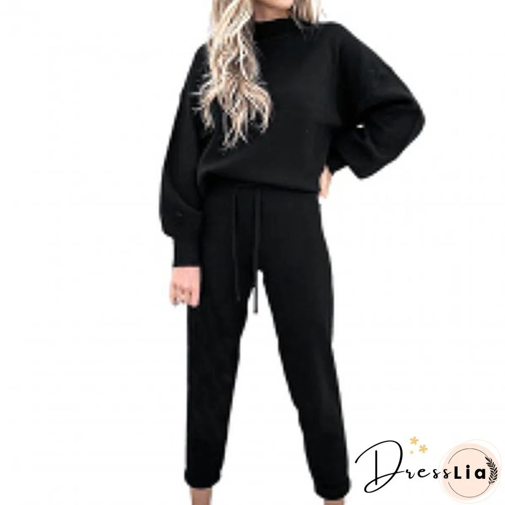 Women Outfit Pocket Thick Solid Color Loose Pullover Pants Set For Office