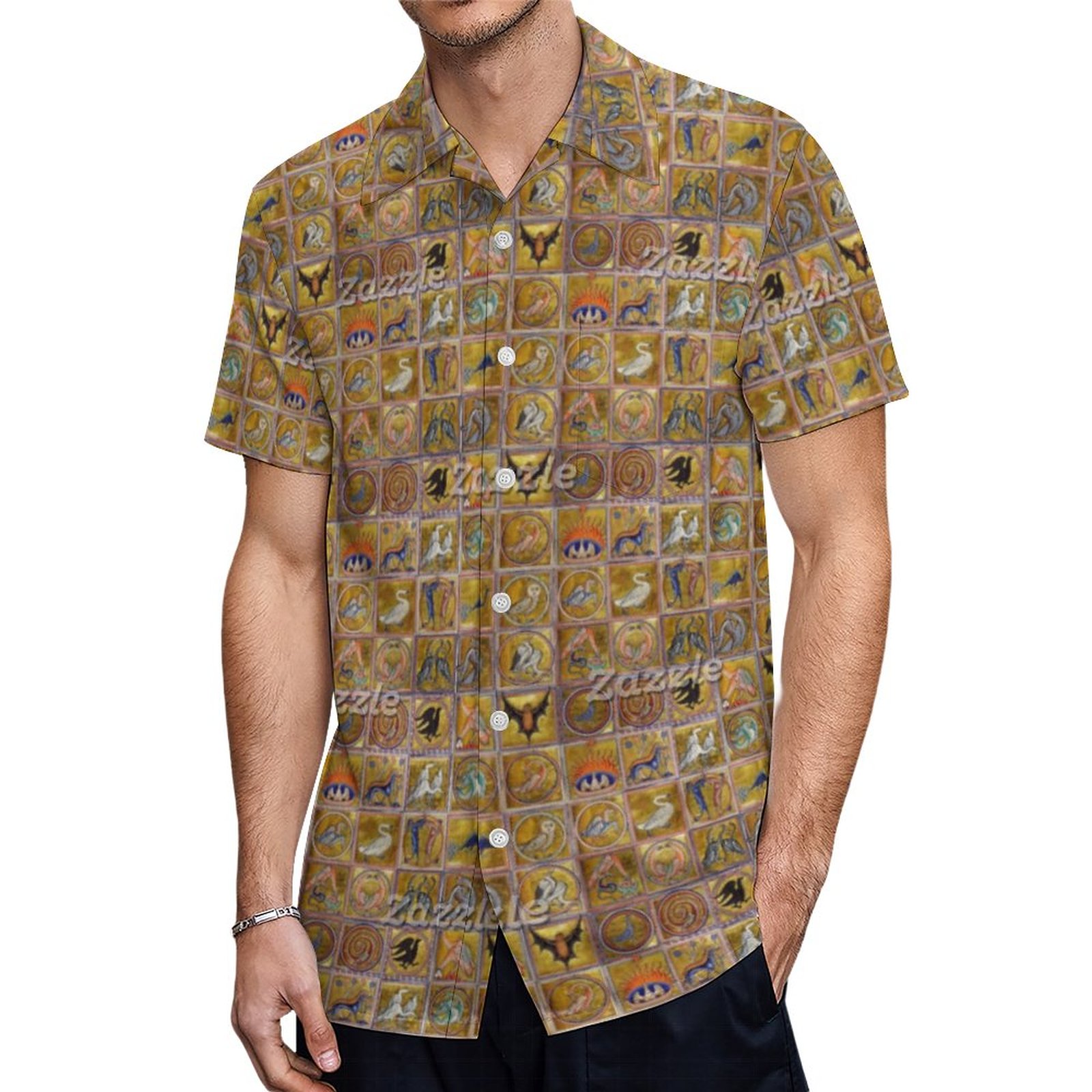 Medieval Bestiary Fantastic Animals Gold Red Blue Hawaiian Shirt Mens Button Down Tropical Hawaii Beach Shirts