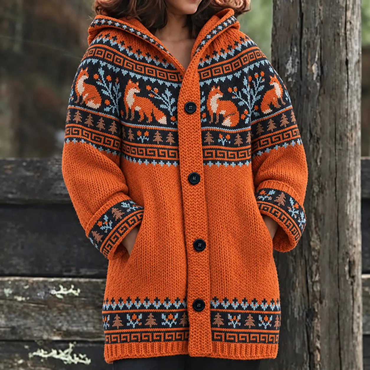Comstylish Women's Vintage Fox And Pine Tree Pattern Hooded Cardigan