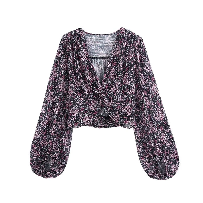 TRAF Women Fashion With Bow Tied Floral Print Cropped Blouses Vintage V Neck Puff Sleeve Female Shirts Blusas Chic Tops