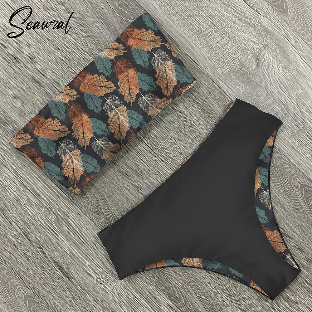 2022 New Sexy Low Hight Bikini Set Swimwear Women Bandeau Female Print Floral Strappy Swimsuit Bathing Suit Beach Wear Biquini