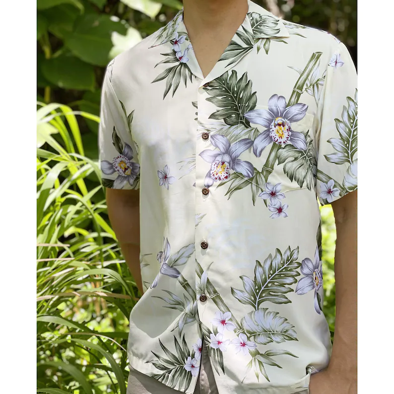 Super Soft Rayon Bamboo Orchid Floral Hawaiian Aloha Shirt