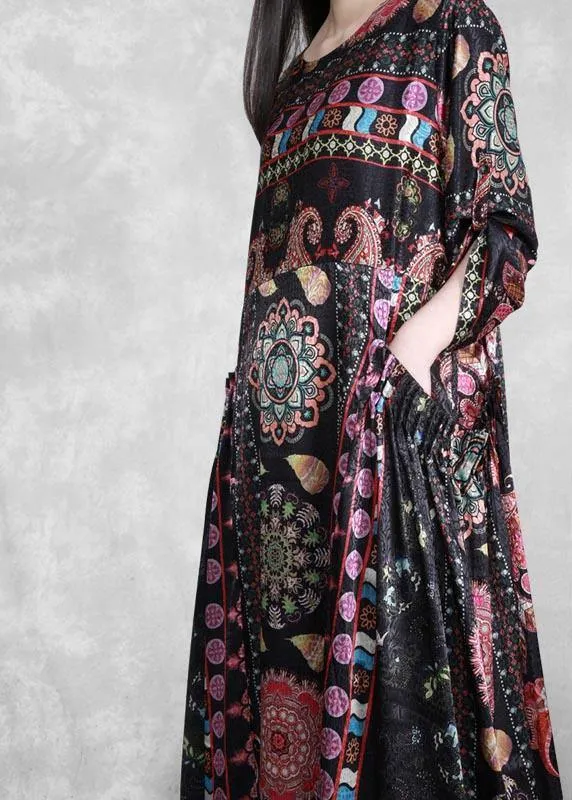 Bohemian Black Print Dress O Neck Pockets Plus Size Dress