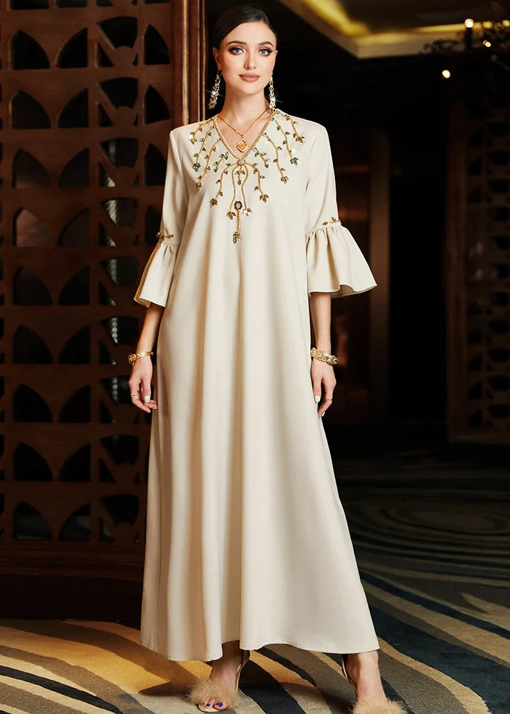 Elegant Apricot Embroideried Chiffon Long Dress Flare Sleeve