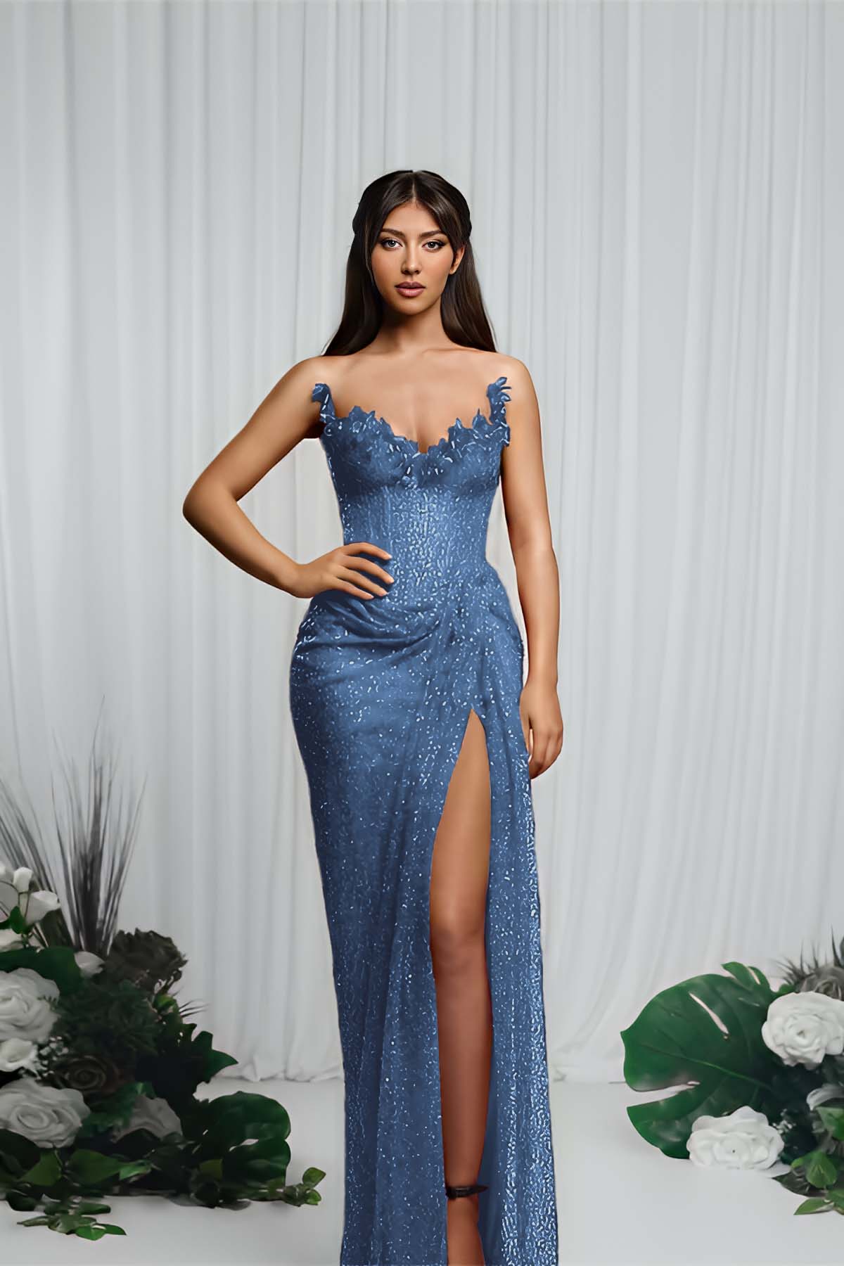 Hidais Strapless Sleeveless Mermaid Prom Dress With High Split Pleated