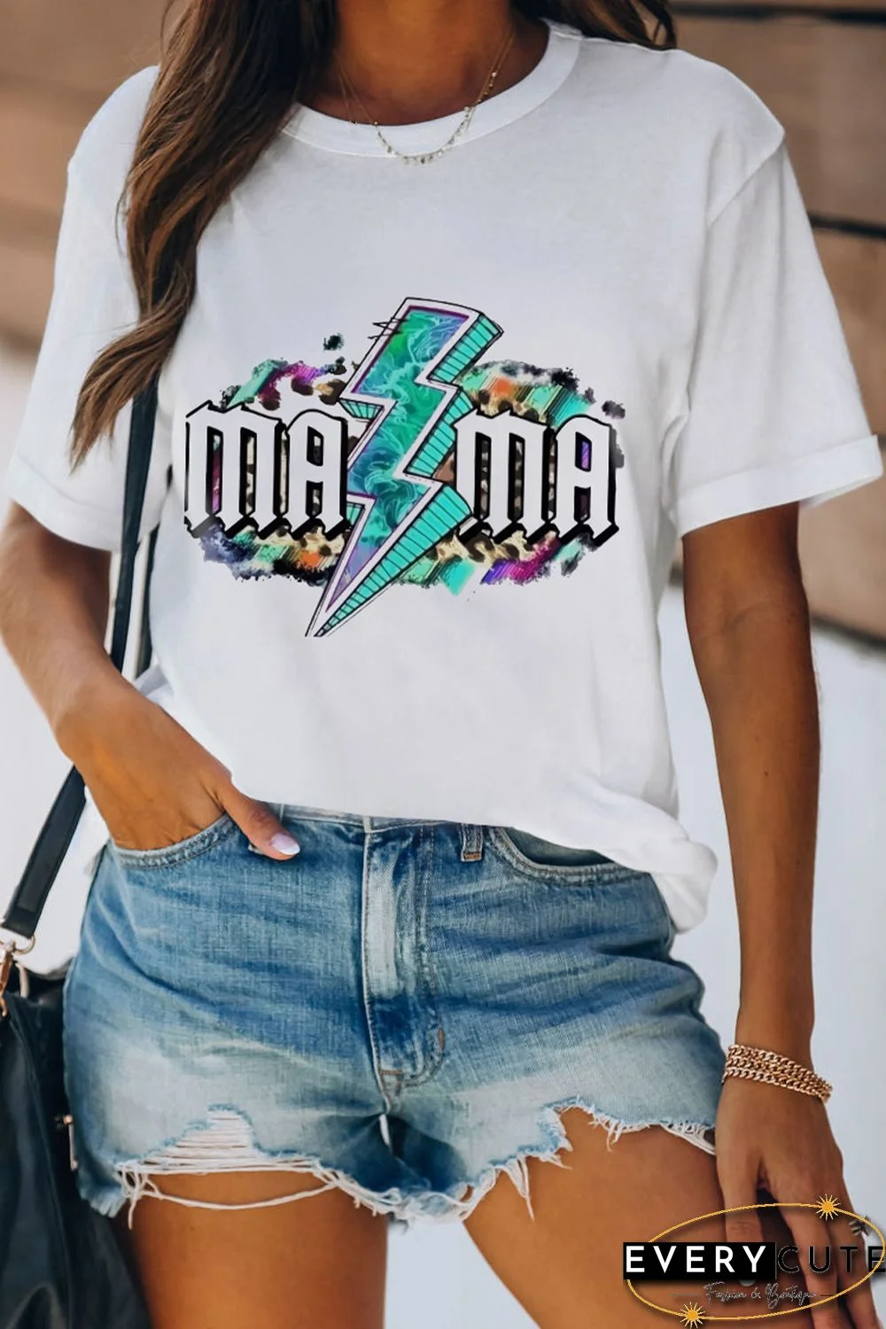 White MAMA Lightning Graphic Print Short Sleeve T Shirt