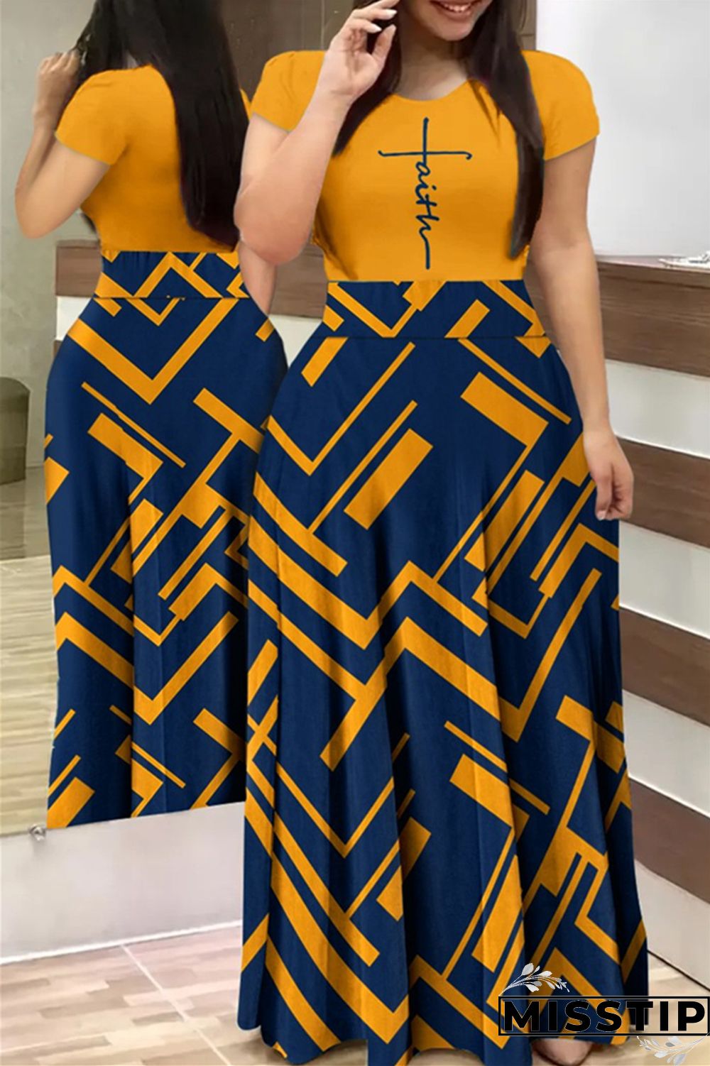 Blue Yellow Red Casual Simplicity Print Basic Printing O Neck T-shirt Dress Dresses