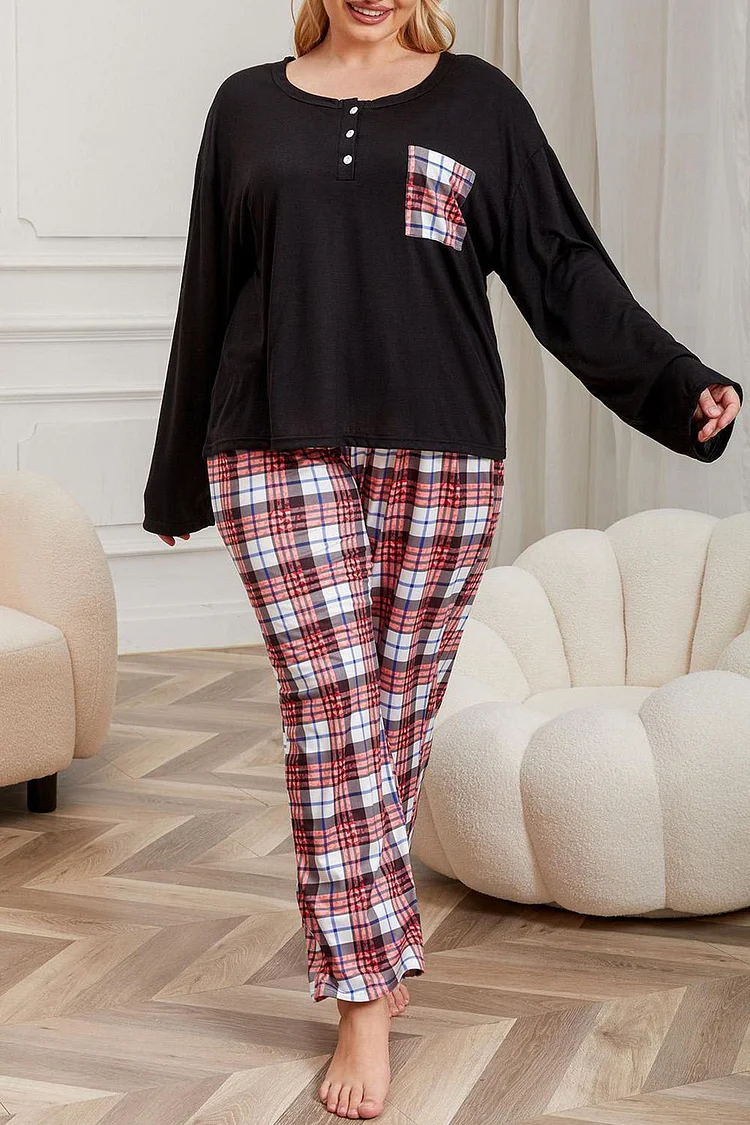 Plus Size Casual Black Long Sleeve Plaid Print Loose Pajamas Sets  Flycurvy [product_label]
