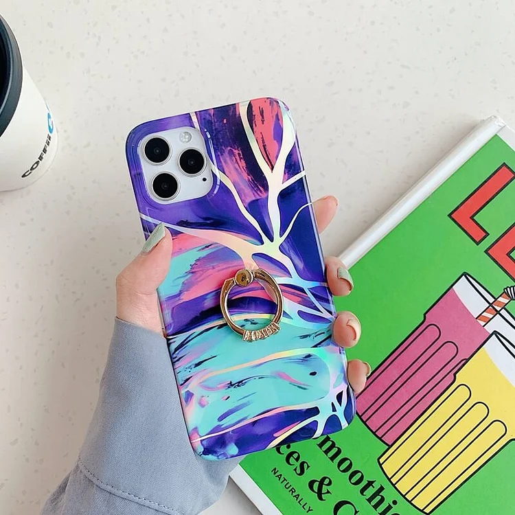 2023 Laser Marble Pattern Ring Holder Protective Cover For iPhone 13 Pro Max 12 Mini 11 XS XR 7 8 Plus SE 2023