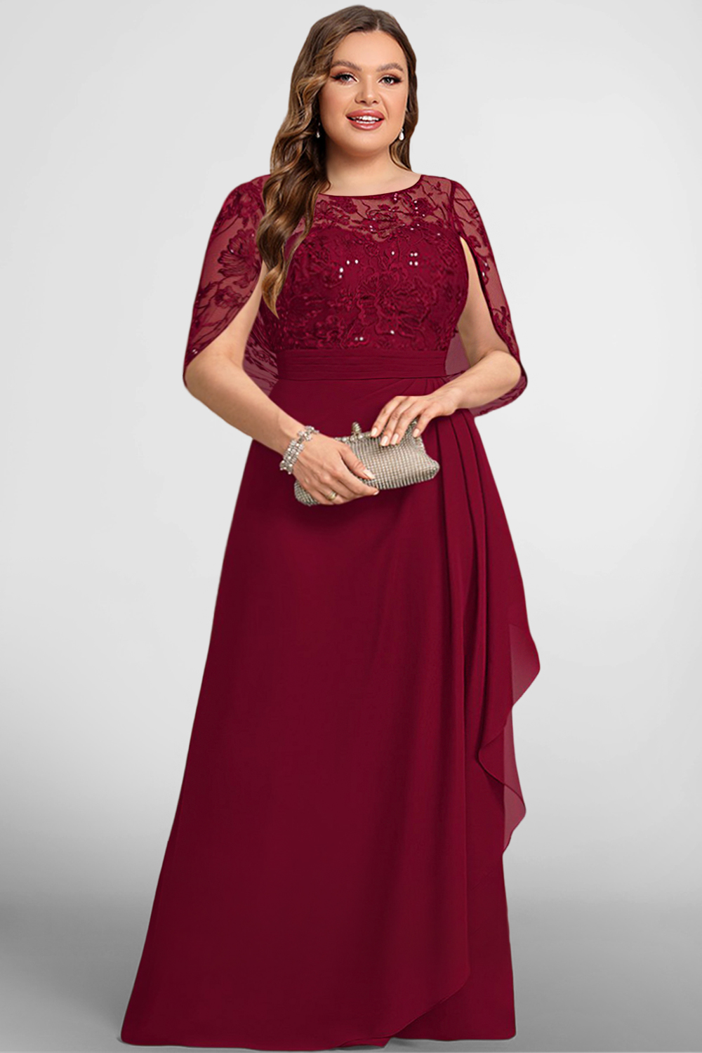 Flycurvy Plus Size Mother Of The Bride Burgundy Chiffon Sequined Lace Cape Sleeve Asymmetrical Hem Maxi Dress