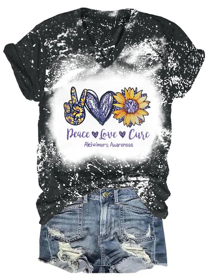 Women's Alzheimer's Awareness Ribbon Peace Love Cure Print V-Neck T-Shirt socialshop