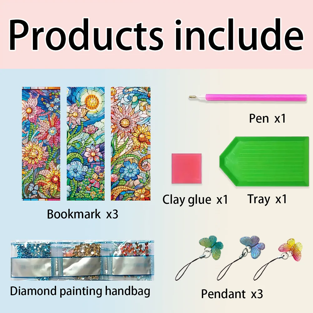 3Pcs Special Shape Flowers 5D DIY Diamond Painting Bookmark with Pendants