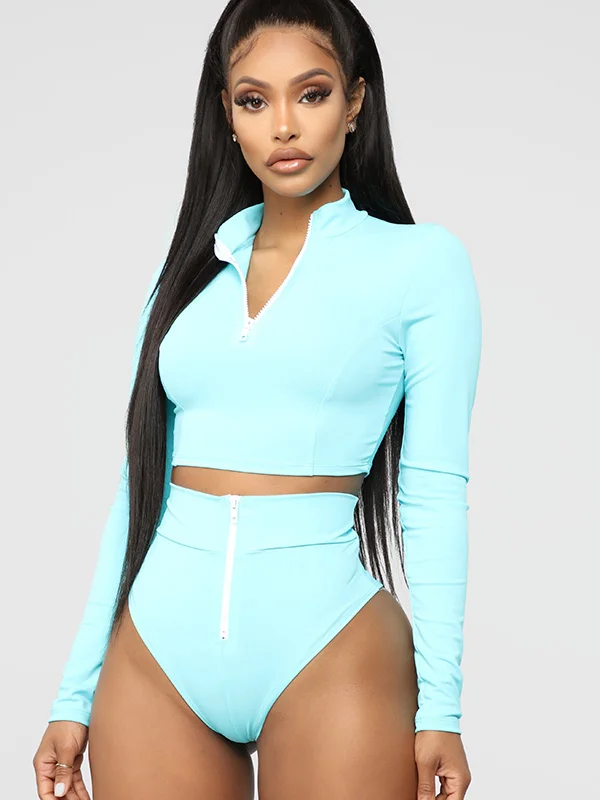 Rash Guard Tulle Long Sleeves High-Waisted Zipper Bikini Wetsuit Swimwear