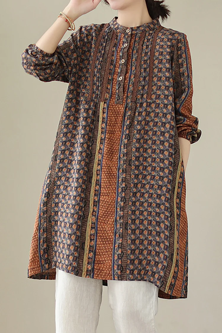 Long Sleeve Round Neck Linen Button Top