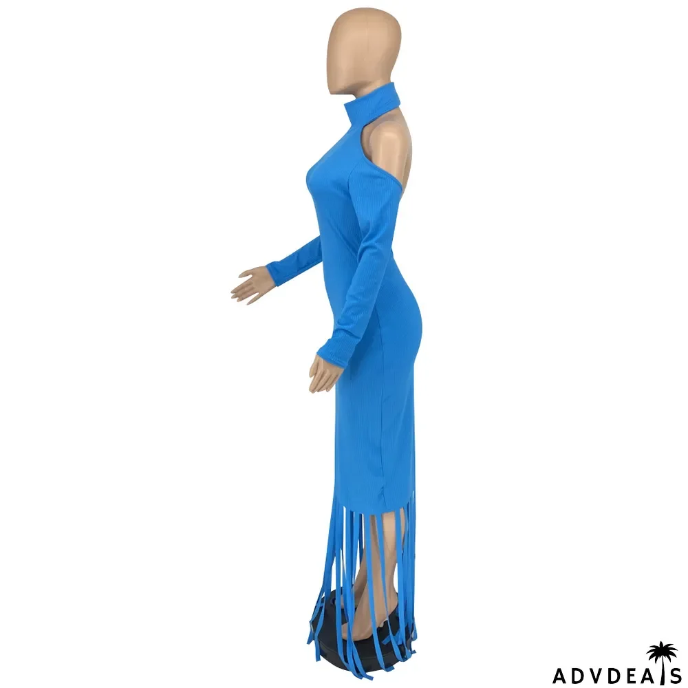 Fashion Open Back Tassel Solid Color Dress
