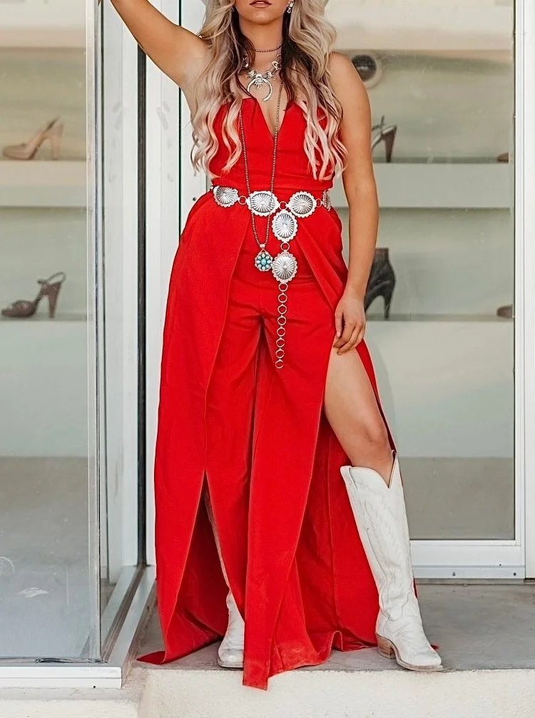 Red V neck Slit Jumpsuit