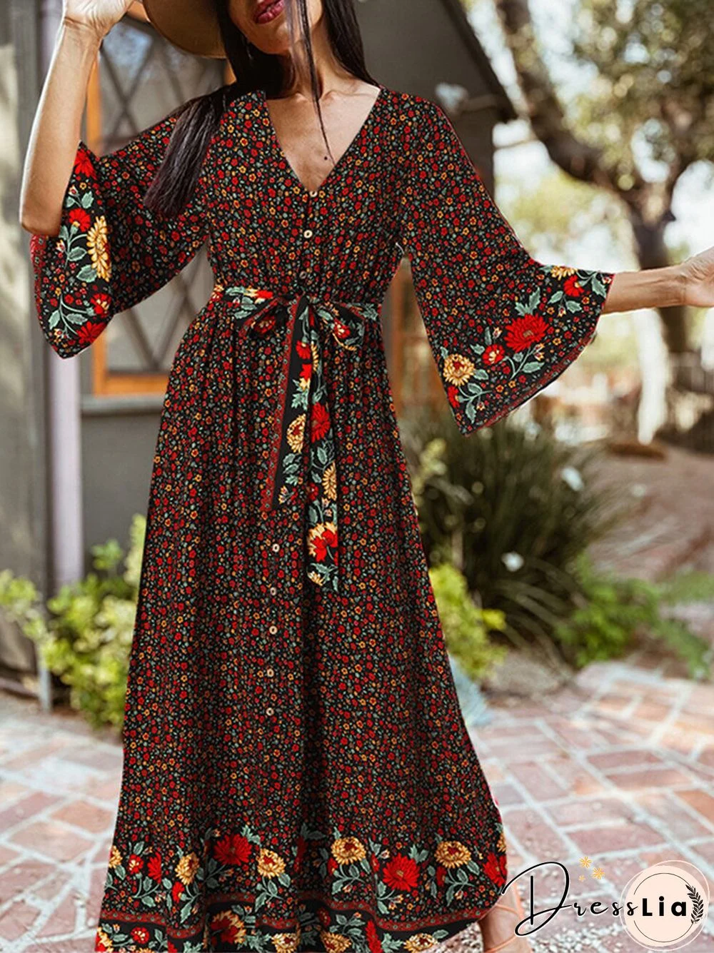 Bohemian Floral Print Belt Ruffle Sleeve Maxi Dress