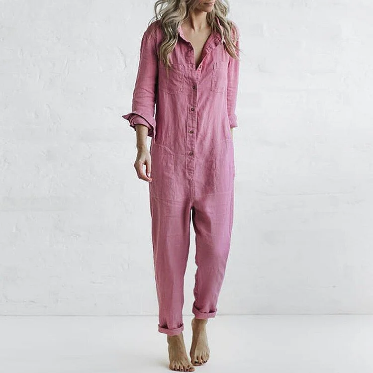 Casual lapel pocket long sleeve solid color cotton jumpsuit