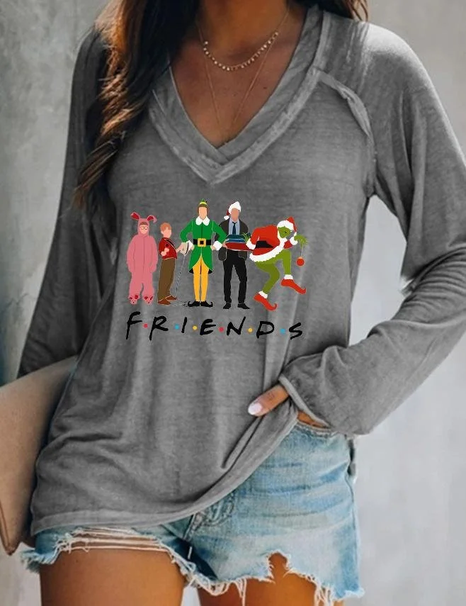Christmas Movie Friends Long Sleeve V-Neck Blouse