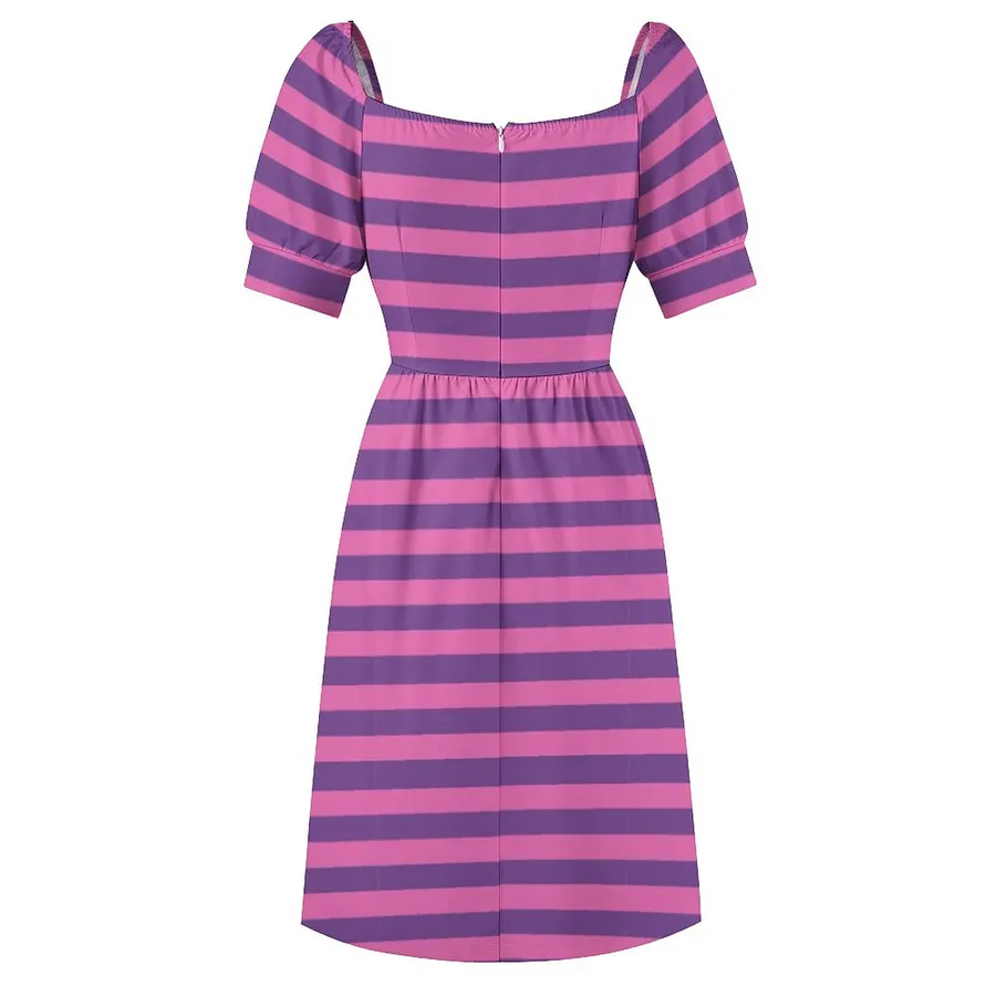 Pink Purple Lavender Striped Halloween Dress Women Boho High Waist Flared Puff Sleeve Cute Sweetheart Midi Dress Pink-L