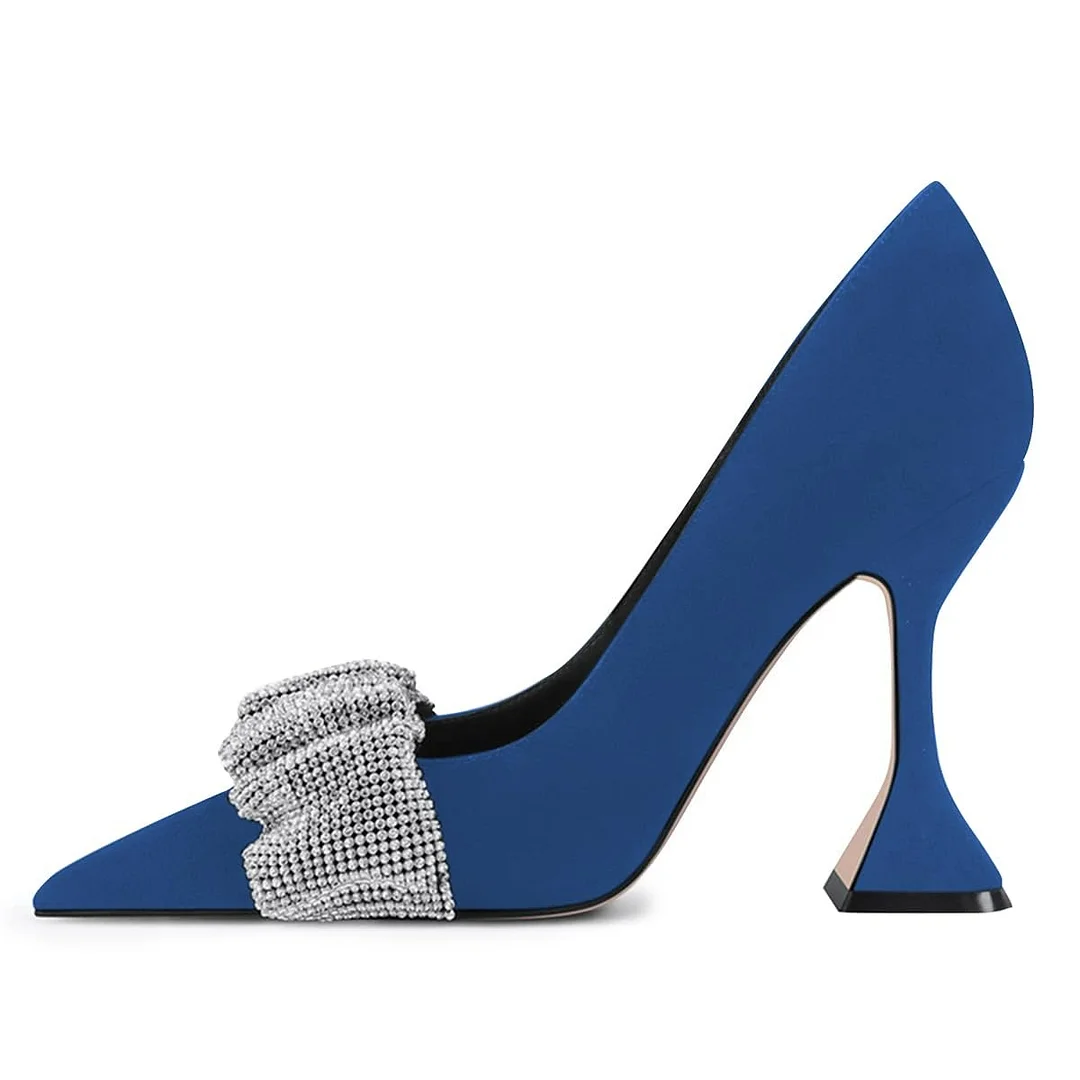 Blue Pointed Toe Rhinestone Embellished Flared Heel Pumps Shoes